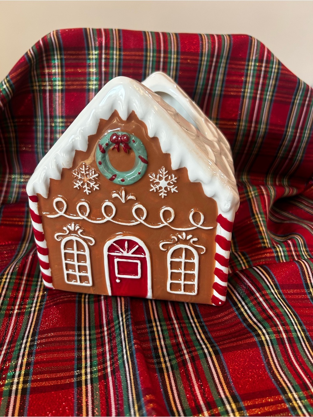 Festive Gingerbread House Ceramic Accent - Red, White & Brown